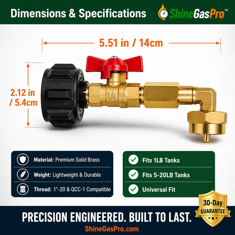 Brass gas valve with dimensions and specifications on a white background, featuring ShineGasPro branding.