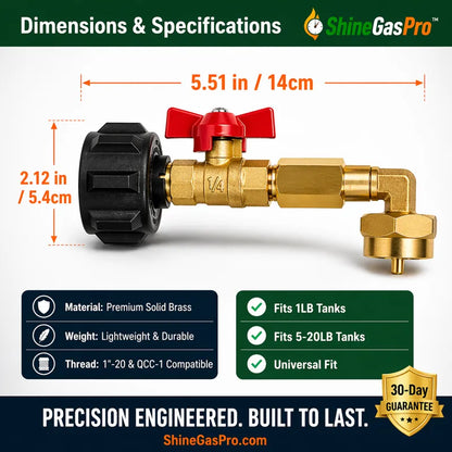 Brass gas valve with dimensions and specifications on a white background, featuring ShineGasPro branding.