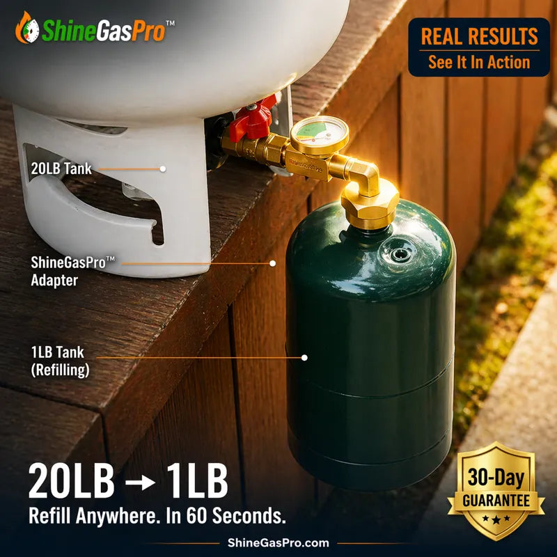 ShineGasPro gas refilling system with 20LB tank and 1LB refillable tank on a wooden surface.
