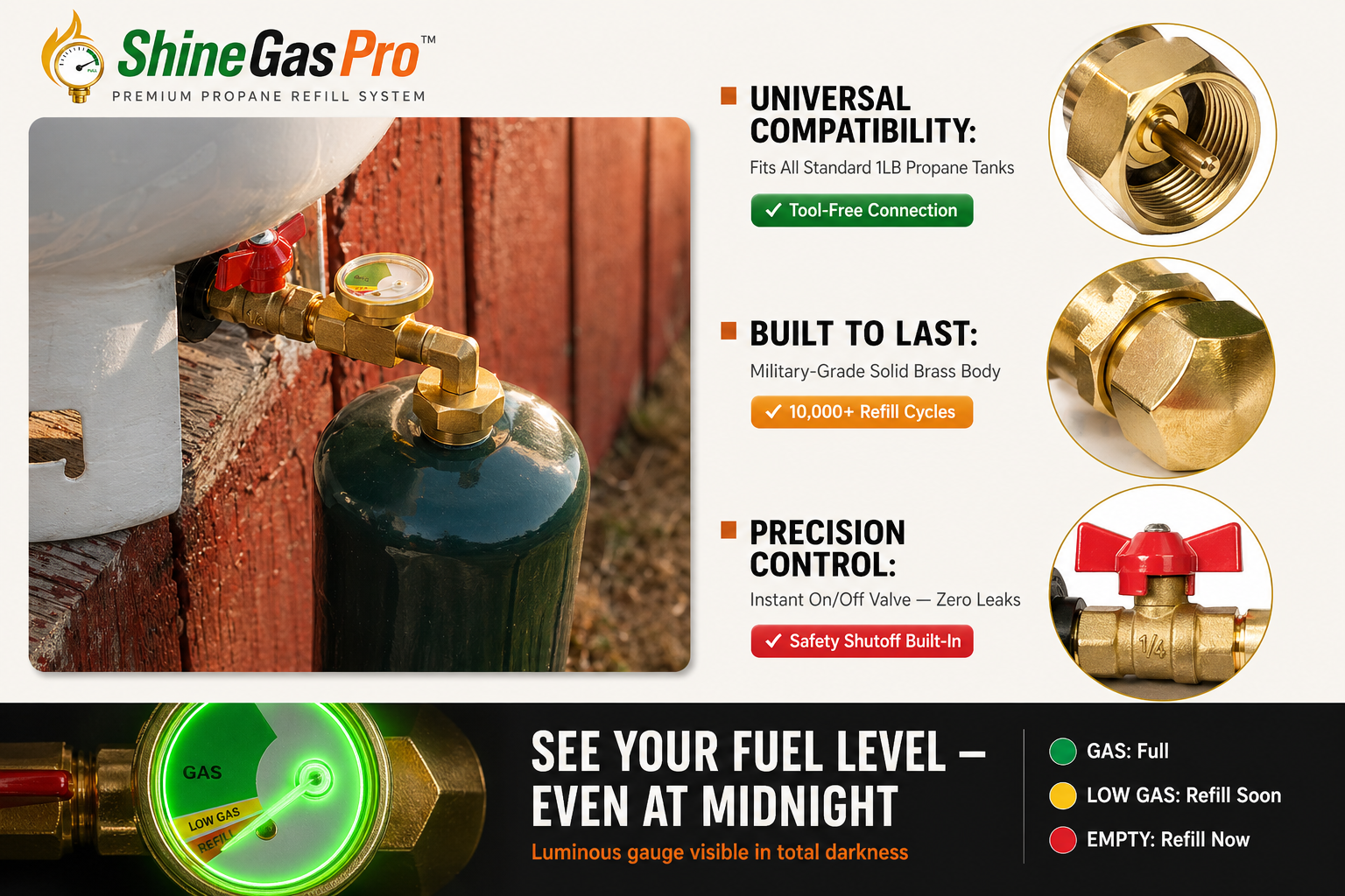 ShineGasPro propane refill system with product features highlighted on a white background.