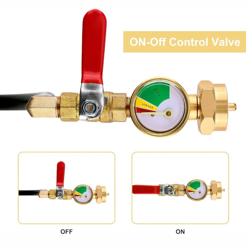 Brass ON-Off control valve with red handle and pressure gauge on a white background