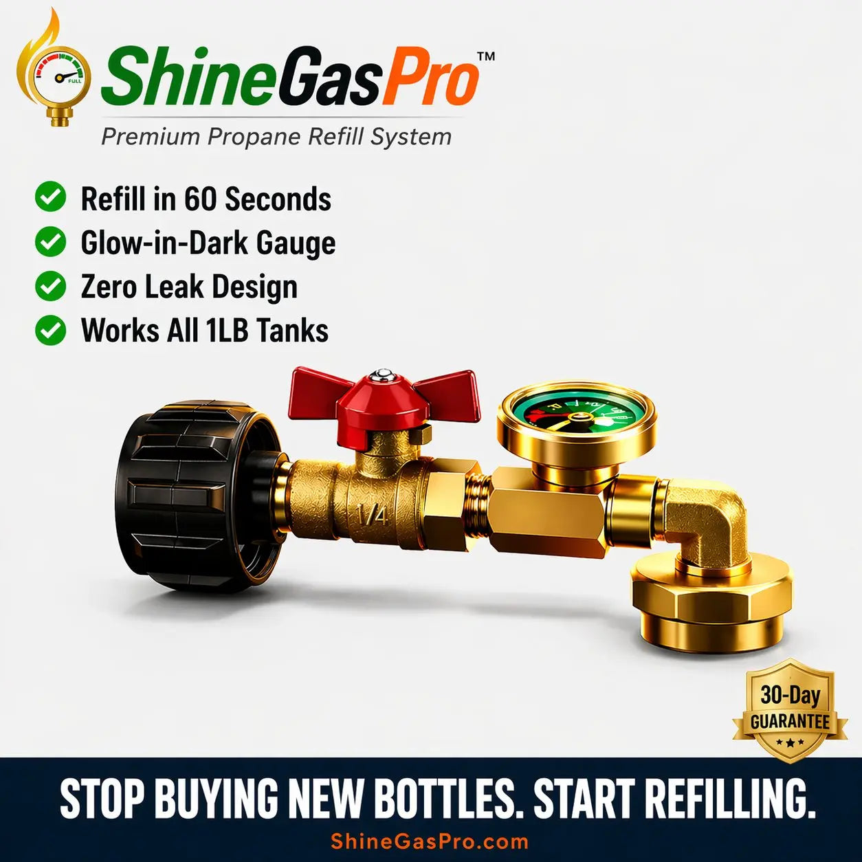 ShineGasPro propane refill system with features listed on a white background